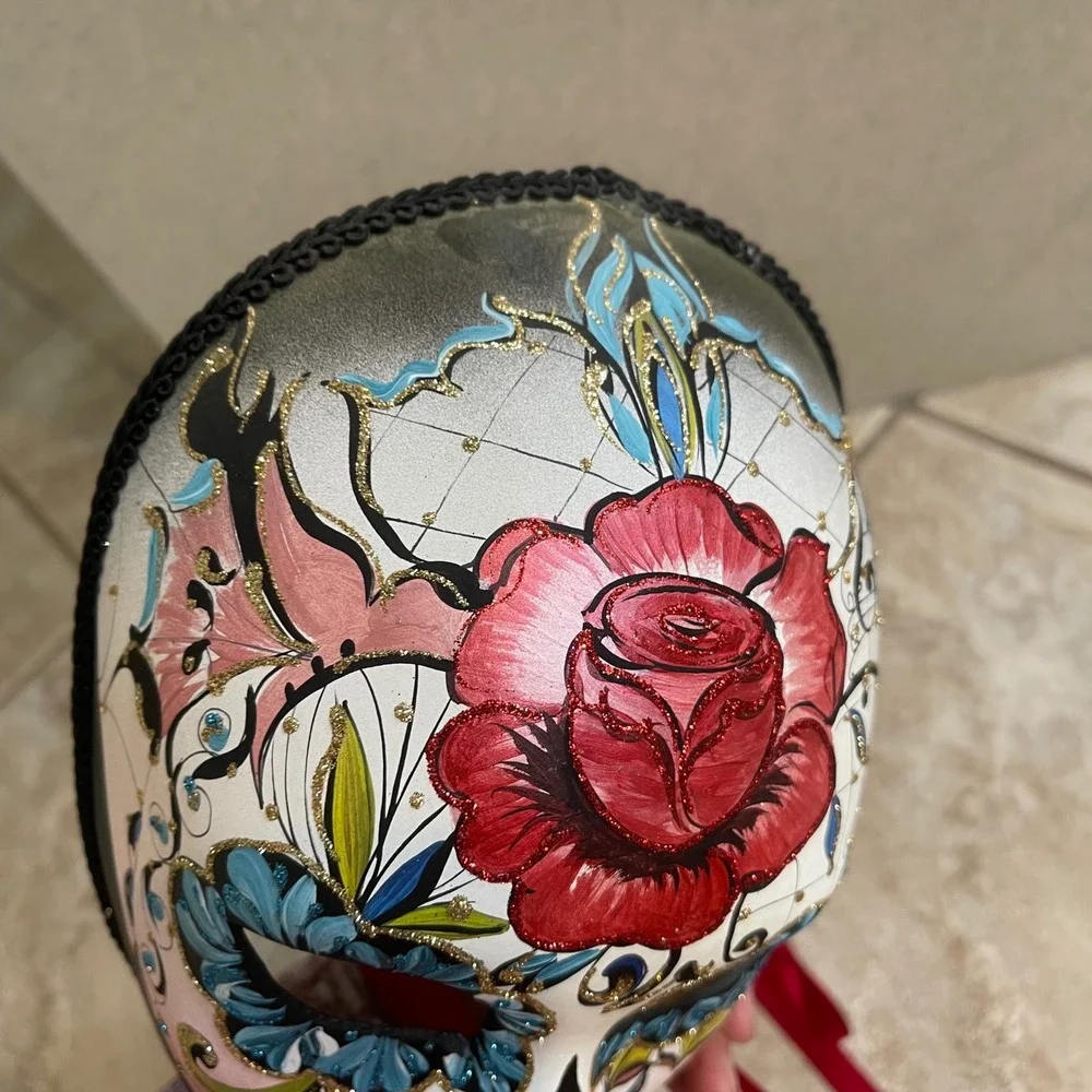 Day of the Dead New Hand Painted Italian Masquerade Mask Red Rose Blue‎ Flowers